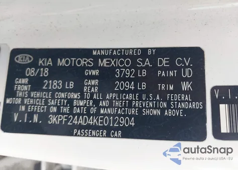2019 Kia Forte Lxs from USA, damaged, VIN 3KPF24AD4KE012904